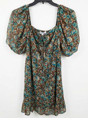 Mimi Chica Floral Puff Sleeve Mini Dress Brown & Teal Blue Size Large NWT